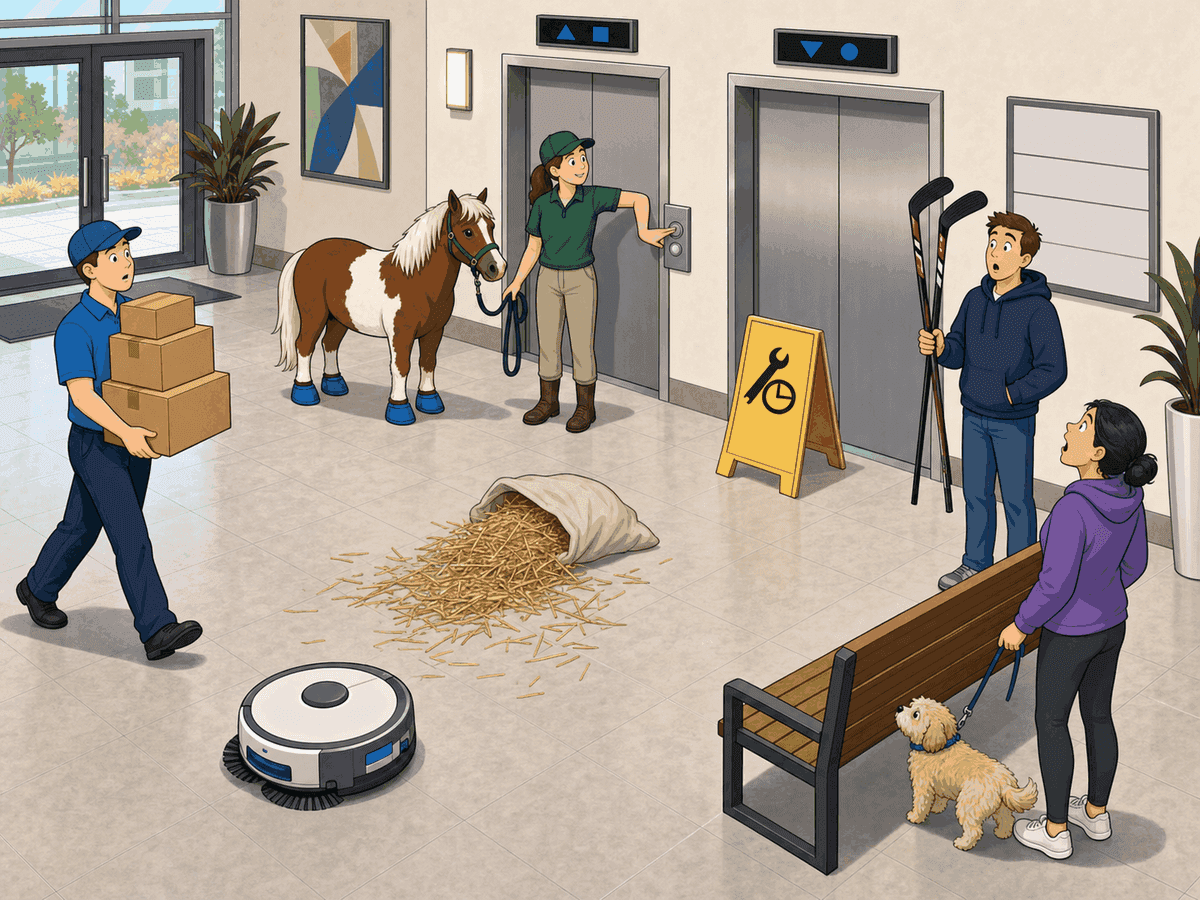A small horse wearing blue protective hoof covers stands calmly beside an apartment elevator with its handler. Surprised residents wait nearby while an automatic floor cleaner circles a loose bundle of hay.
