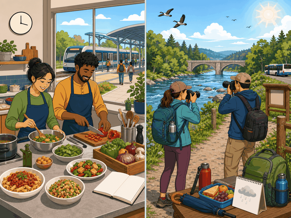 Option A is a two-day practical cooking course near transit with equipment included. Option B is a one-day outdoor photography walk requiring a camera. Option C, revealed in stage two, is a lower-cost online cooking demonstration with no hands-on practice.